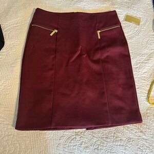 Michael Kors Skirt Burgundy Gold Zipper Detail Career Party Cocktail